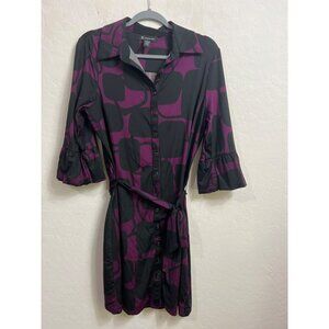 INC Full Button Dress Matching Belt Tie L Polyester Spandex Stretch w Collar pur